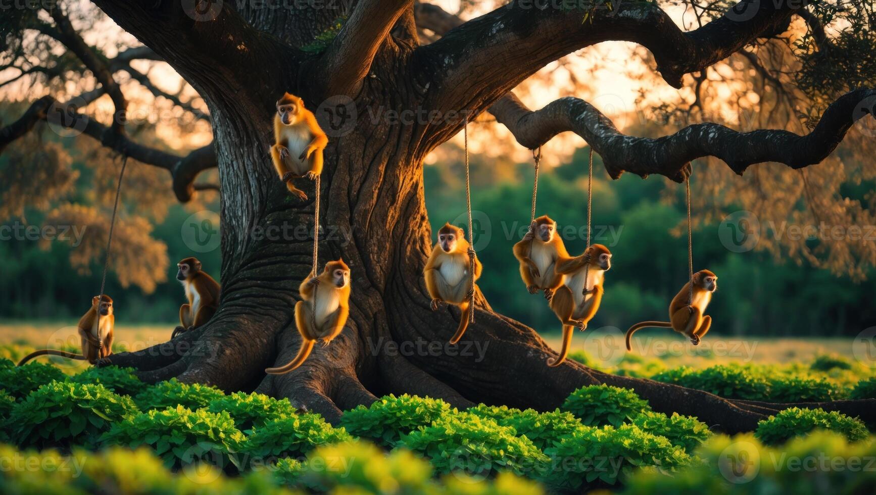 Group of monkeys playfully swinging on ropes from a large tree at sunset in a lush green landscape photo