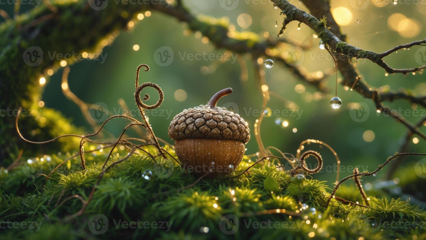 Acorn resting on moss with dew drops under soft sunlight, surrounded by twisting vines and greenery photo