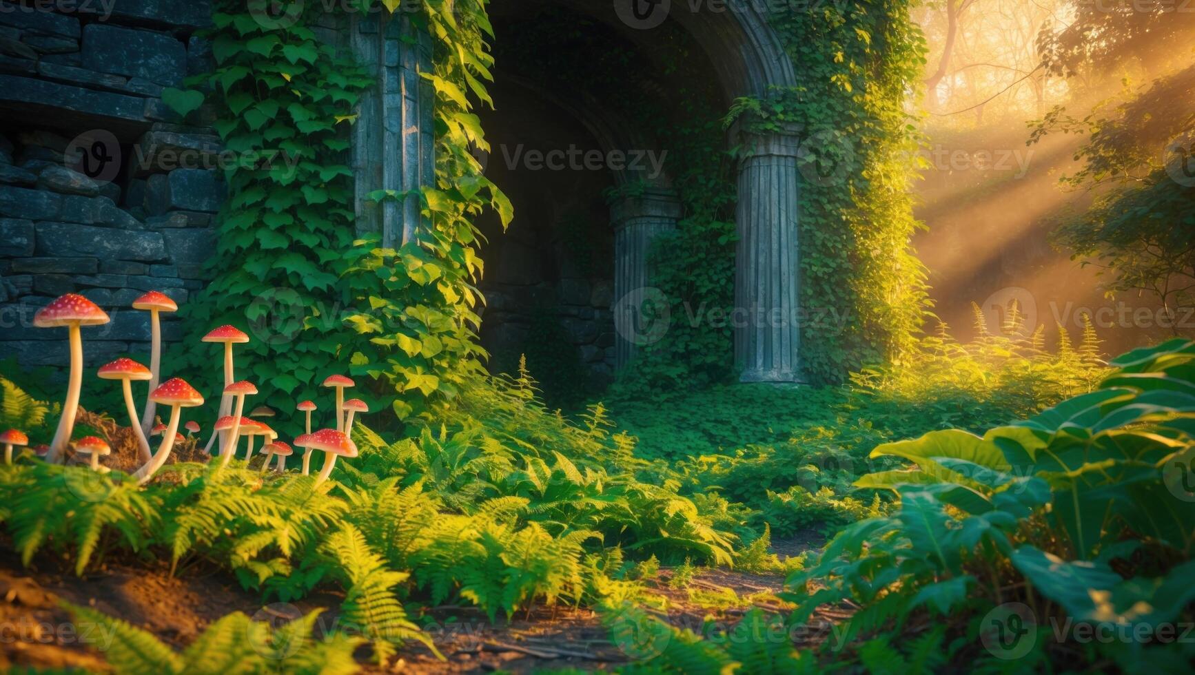 Enchanted forest scene with vibrant mushrooms and ancient stone arches illuminated by soft sunlight photo