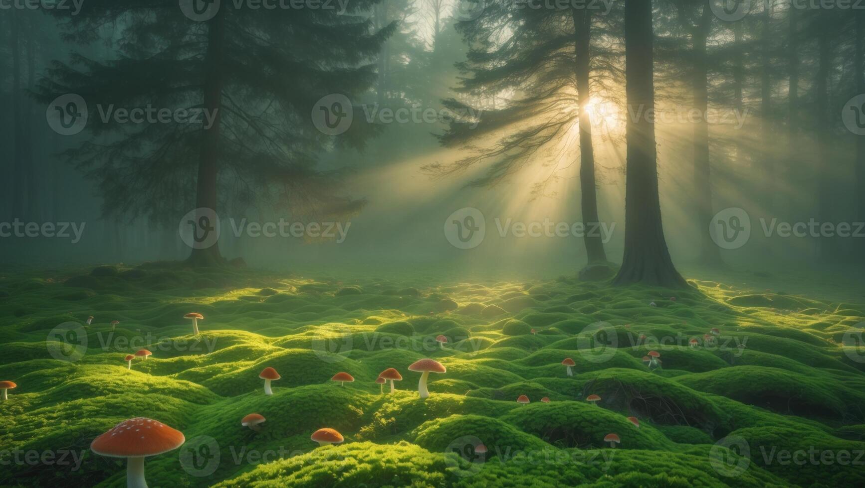 Enchanting forest scene with sunlight filtering through trees, illuminating vibrant mushrooms on moss photo