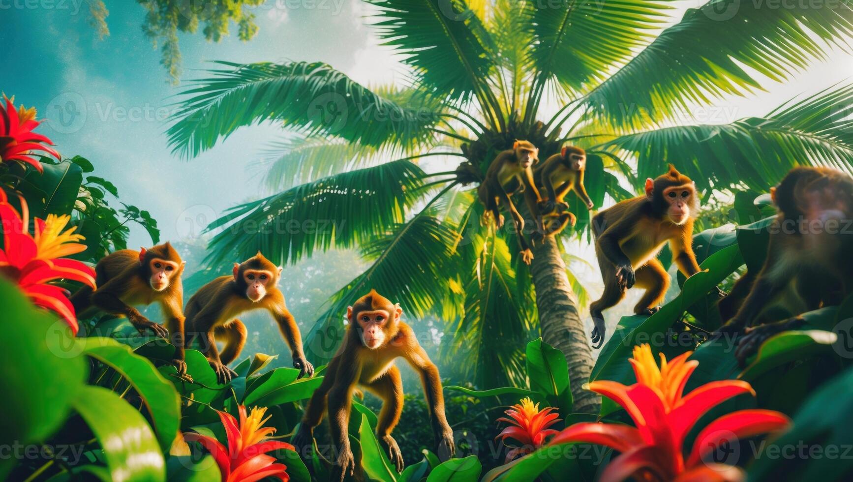 Group of playful monkeys climbing in a vibrant tropical jungle surrounded by lush greenery and flowers photo