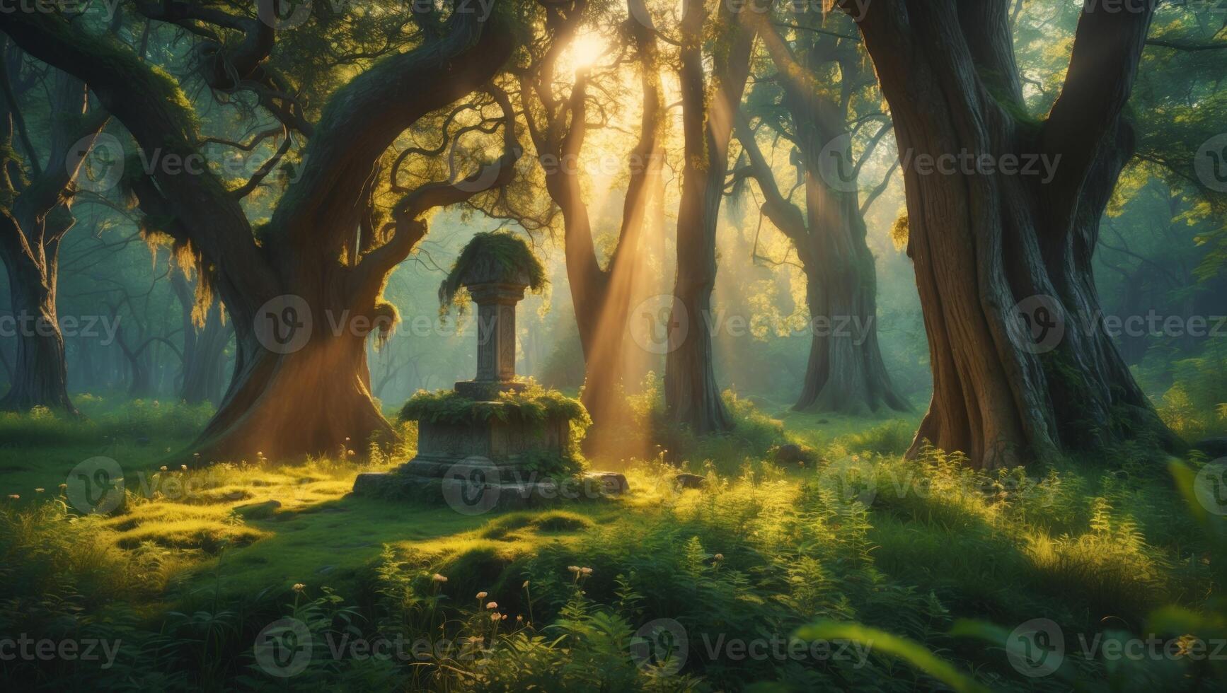 Enchanted forest with sunlight filtering through trees illuminating a moss-covered stone structure photo
