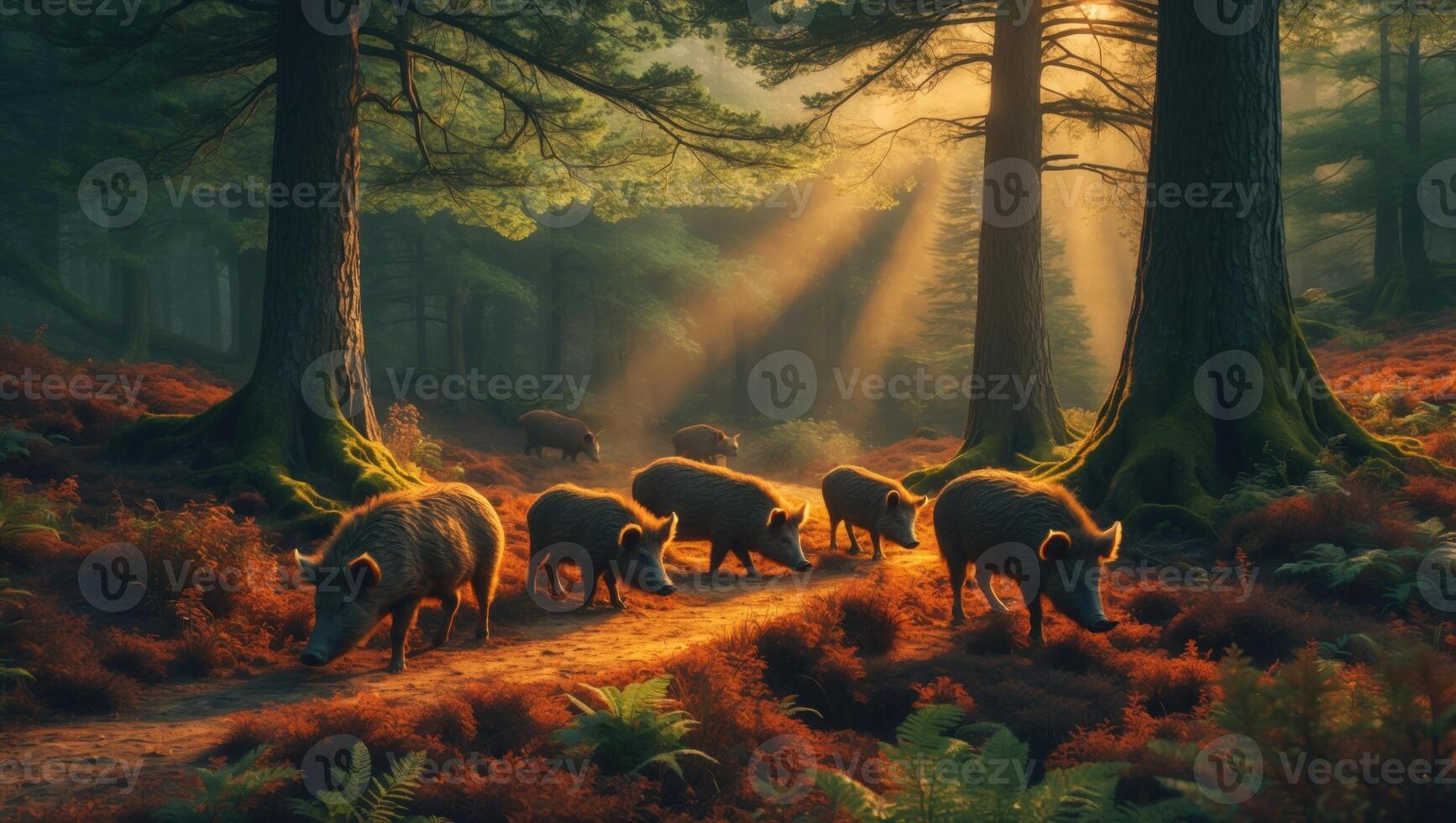 Wild boars foraging in a sunlit forest with rays of light filtering through tall trees and ferns photo