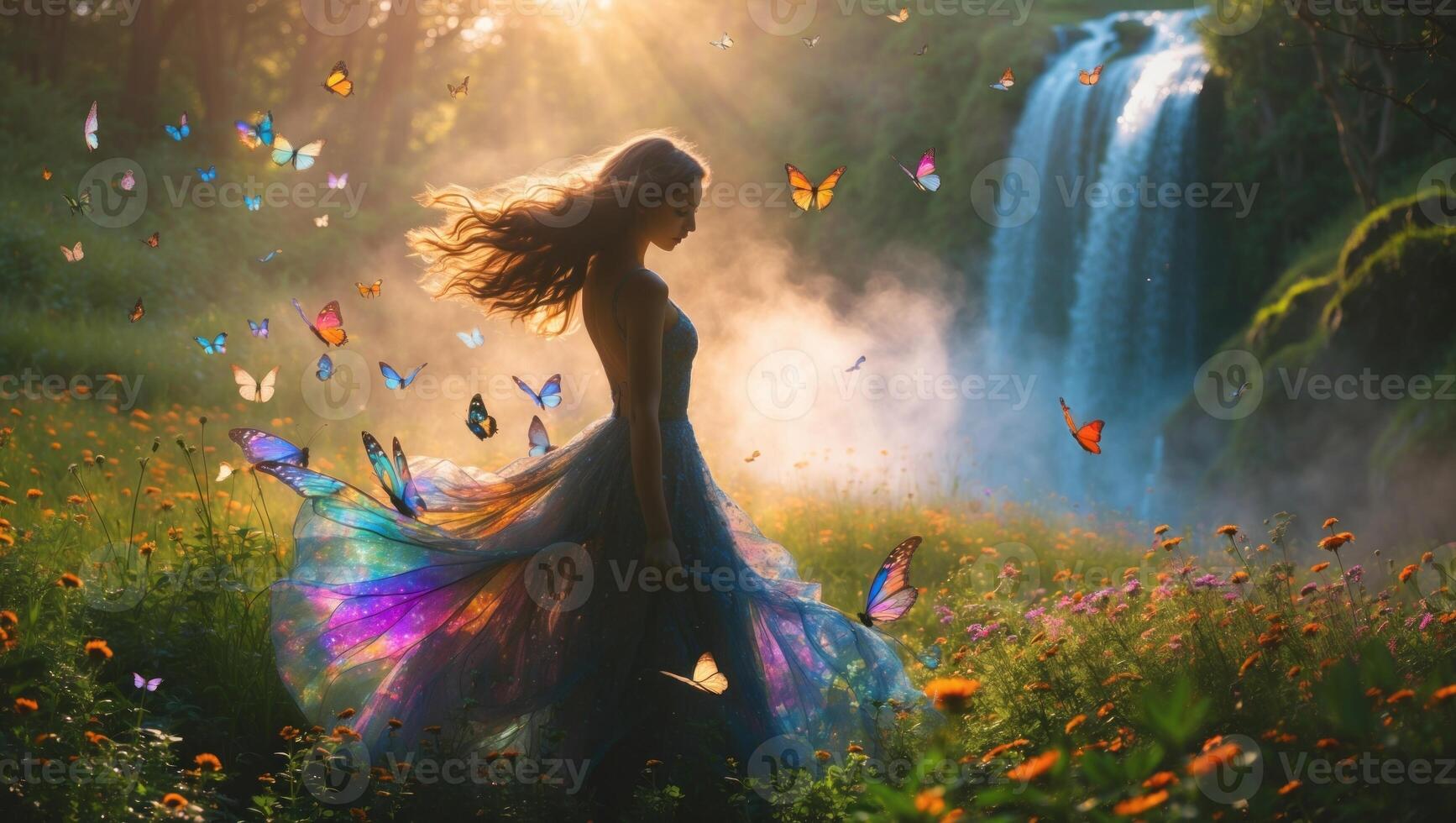 Enchanting scene of a woman in a flowing dress surrounded by butterflies near a waterfall at sunset photo