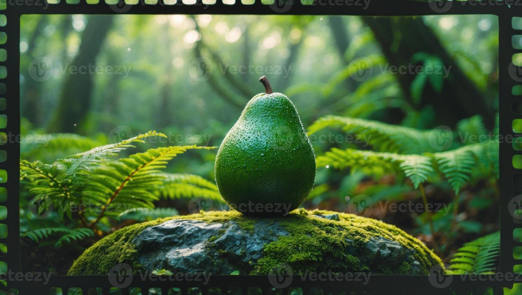 Lush green avocado on a mossy rock surrounded by ferns in a serene forest setting photo