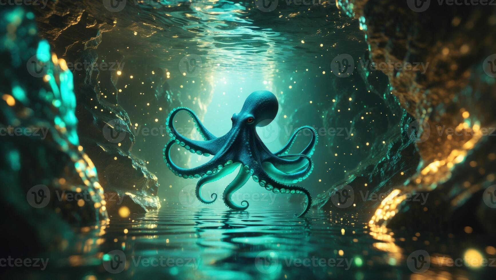 A vibrant octopus gracefully swims through a shimmering underwater cave filled with sparkling lights photo