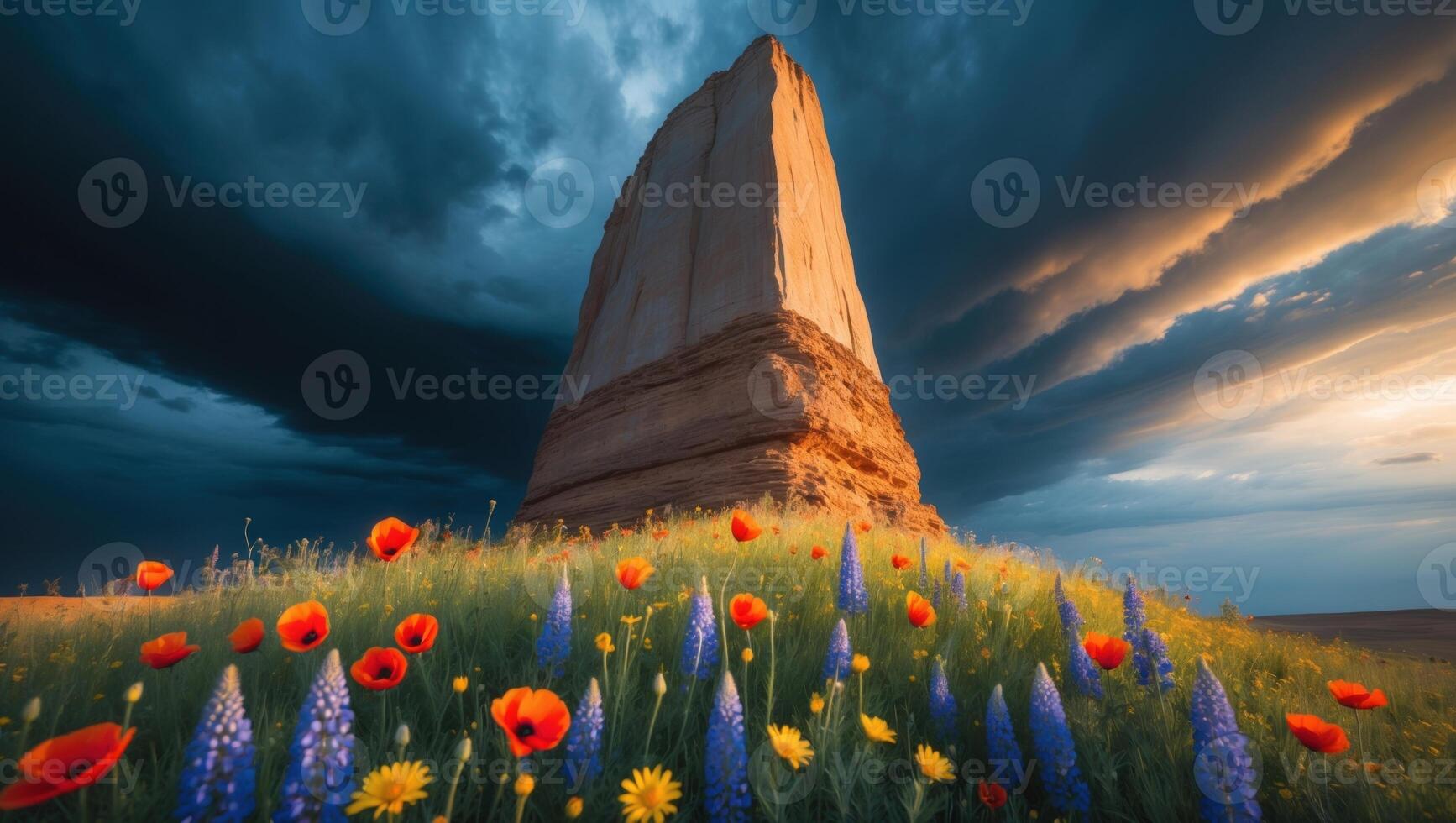 Majestic rock formation stands tall amidst vibrant wildflowers under a dramatic sky at sunset photo