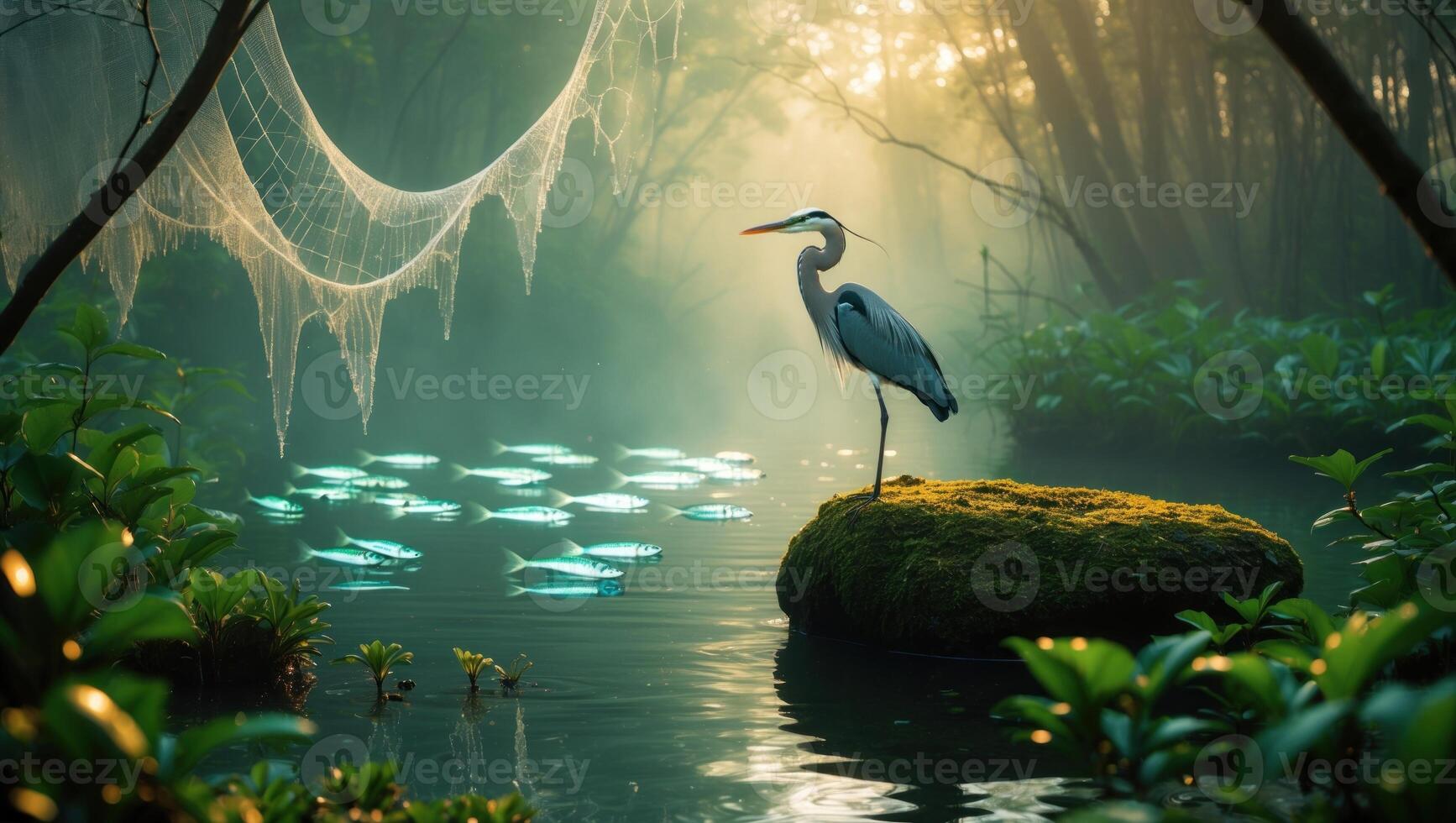 Majestic heron standing on a moss-covered rock in a serene, misty forest with glowing lily pads photo