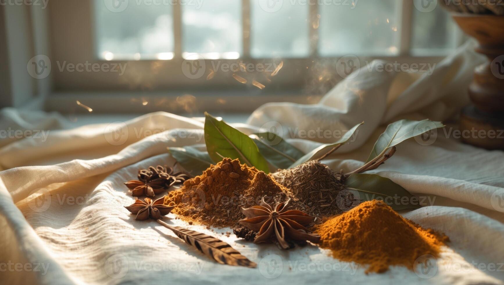 A vibrant display of various spices arranged artistically on a cloth, with sunlight streaming through a window photo