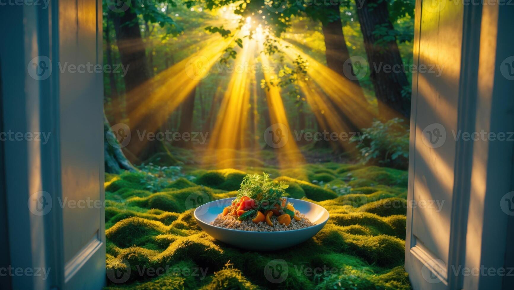A vibrant salad bowl placed on lush moss in a forest, illuminated by sun rays filtering through trees photo
