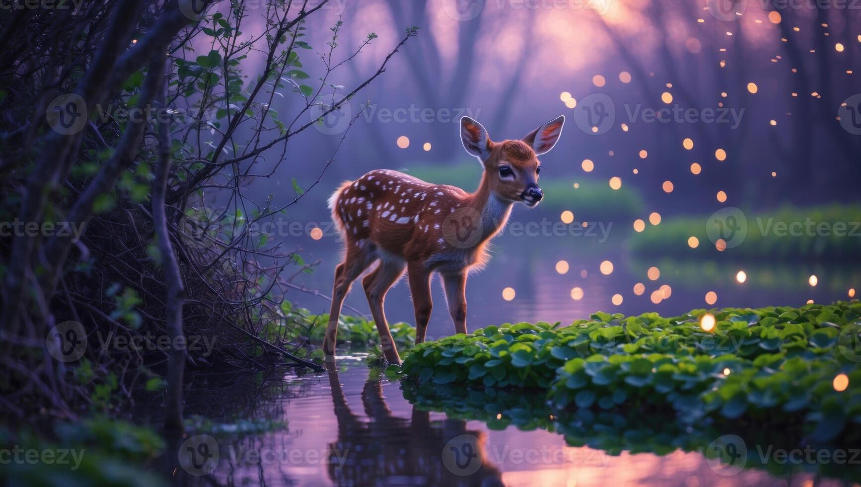 A serene fawn standing in a tranquil stream surrounded by lush greenery and soft glowing lights photo