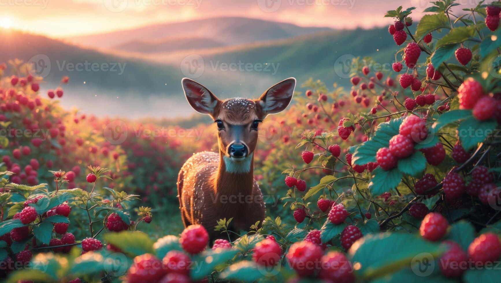 A serene deer stands amidst a vibrant raspberry field at sunset, surrounded by rolling hills photo