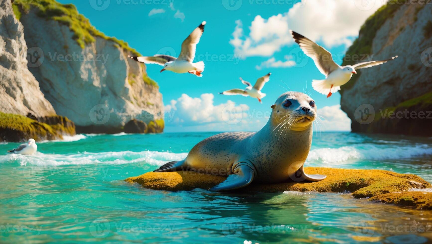 Seal basking on a rock in clear turquoise waters, with seagulls flying overhead near coastal cliffs photo