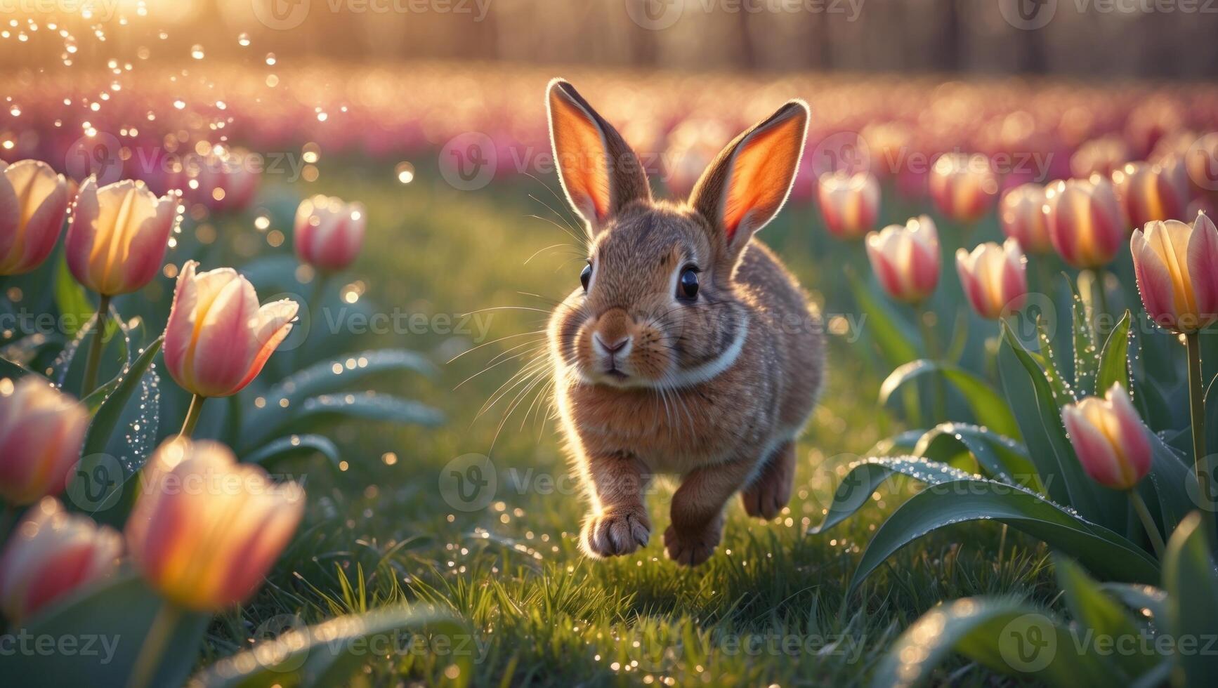 Playful rabbit hopping through a vibrant tulip field during golden hour, with soft sunlight illuminating the scene photo