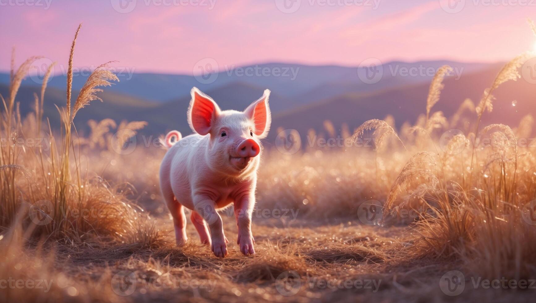 Playful piglet running through golden grass in a serene landscape at sunset with distant mountains photo