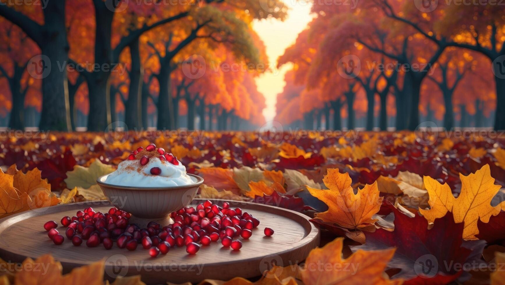 A bowl of yogurt topped with pomegranate seeds placed amidst vibrant autumn foliage in a park photo