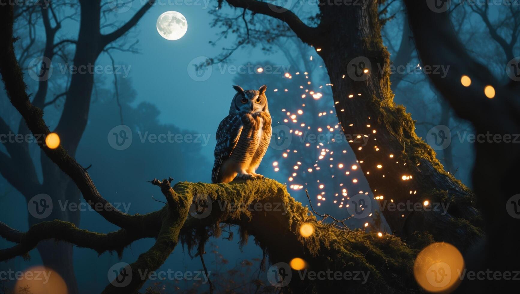 Majestic owl perched on a mossy branch in a mystical forest illuminated by moonlight and fireflies photo