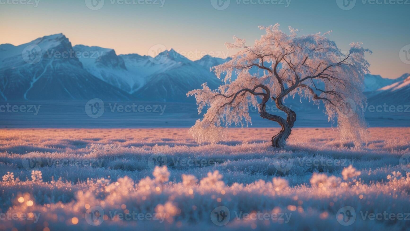 Frost-covered tree stands majestically in a snowy landscape at dawn, with mountains in the background photo