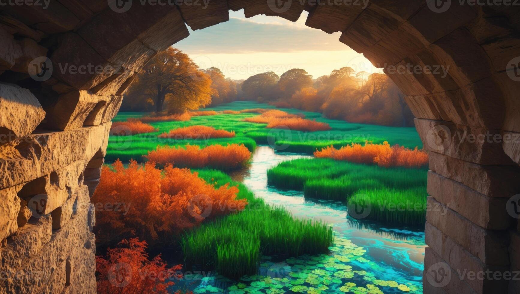 Scenic view of a vibrant autumn landscape with a flowing river framed by an ancient stone arch photo