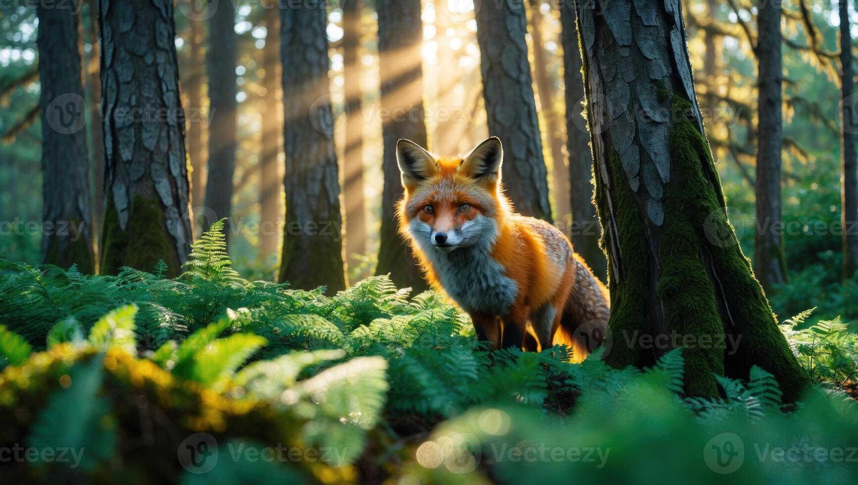 A red fox stands amidst lush ferns in a sunlit forest, showcasing nature's beauty and tranquility photo
