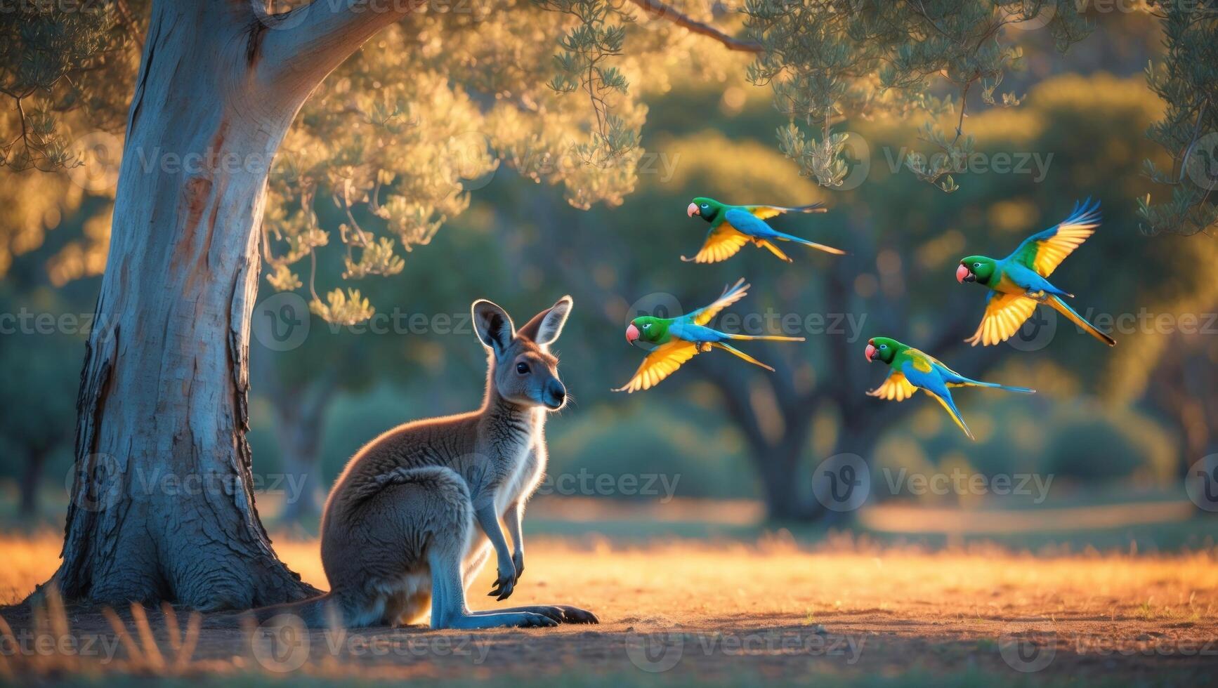 Kangaroo resting under a tree while colorful parrots fly in the background during sunset photo