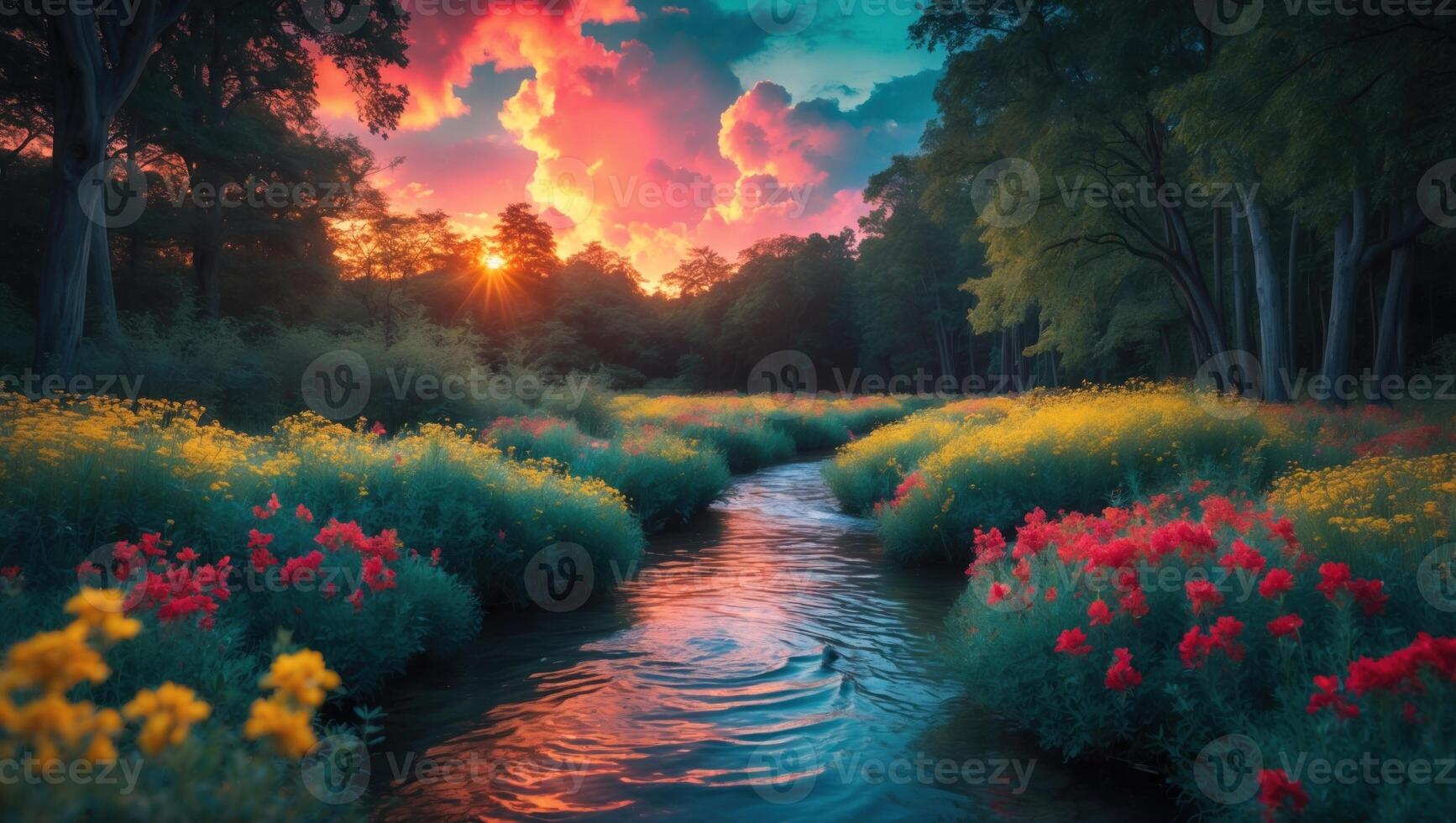 Vibrant sunset over a serene river flowing through a colorful flower meadow in a tranquil forest photo