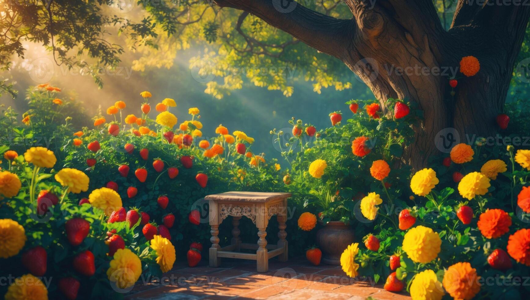 Vibrant garden scene with marigolds and strawberries under a sunlit tree, creating a serene atmosphere photo