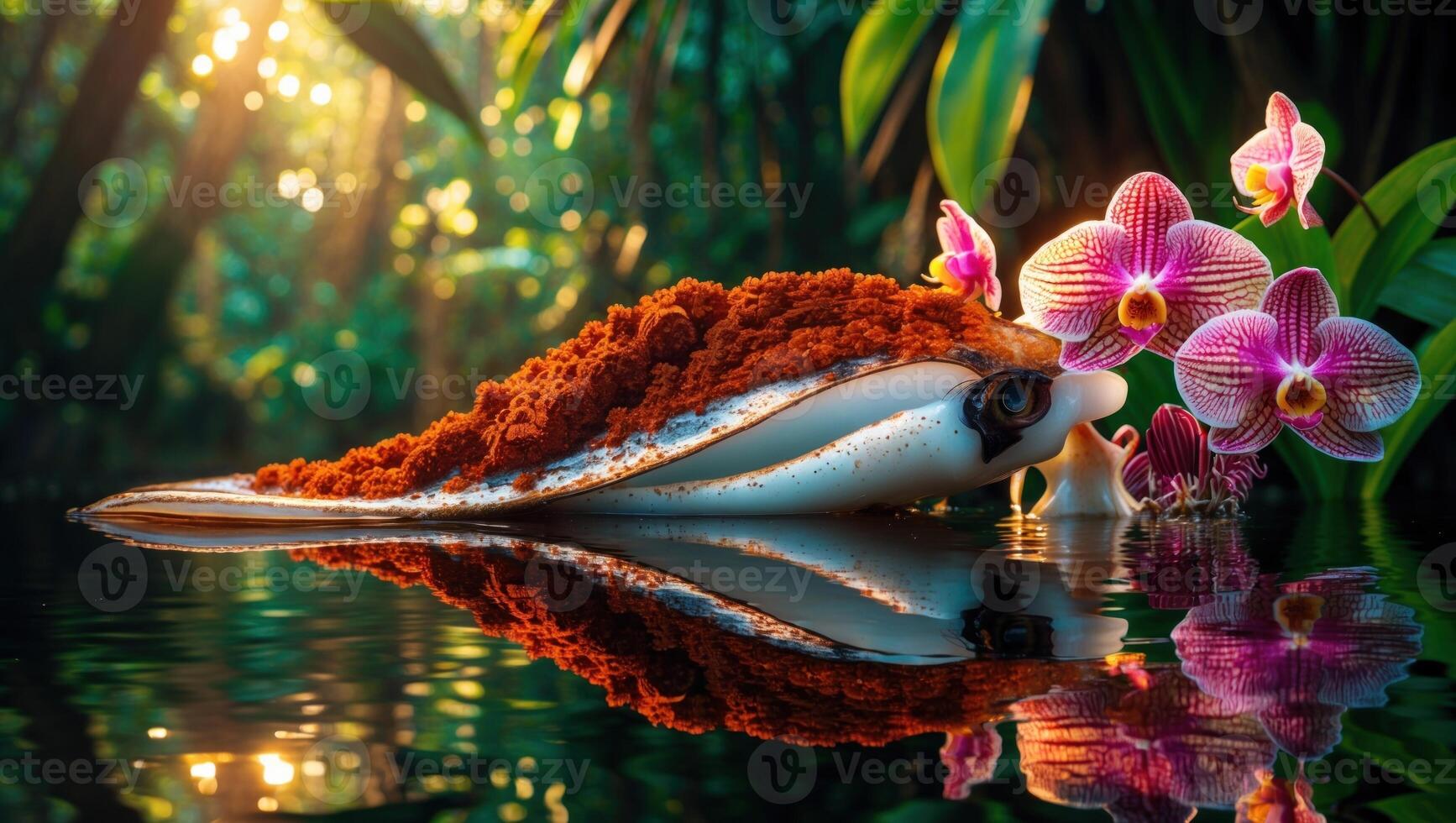 A vibrant, surreal scene featuring a colorful fish-like creature beside blooming orchids in a serene forest photo