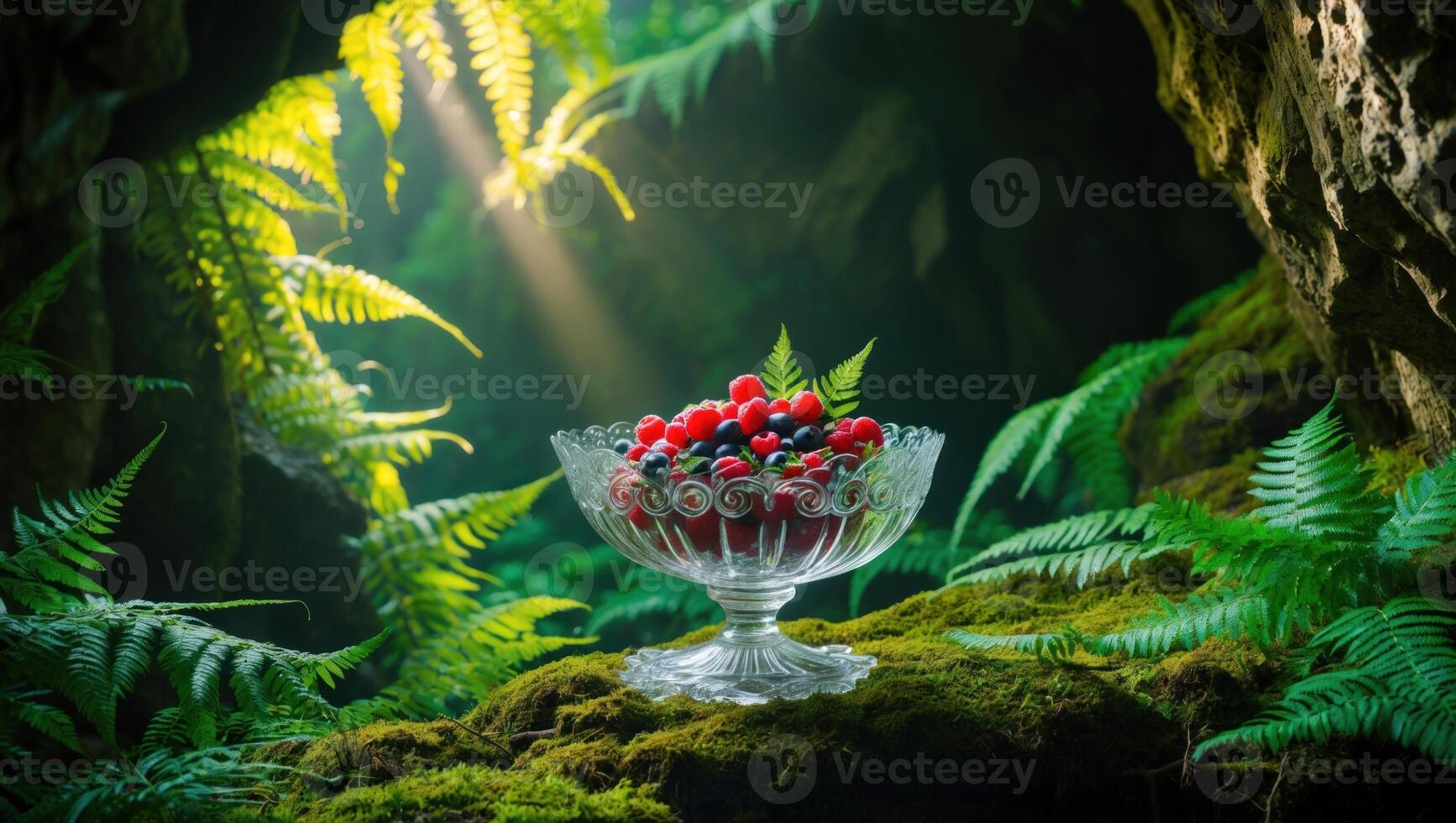 A crystal bowl filled with fresh berries is placed amidst lush green ferns in a sunlit forest photo