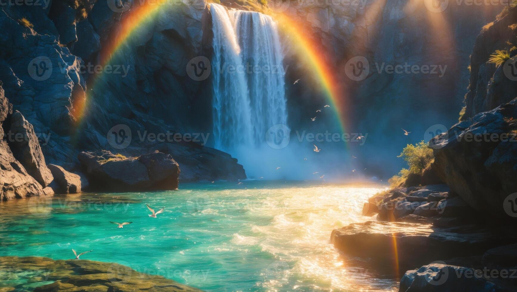 Majestic waterfall cascading into a serene turquoise pool, framed by vibrant rainbow and lush greenery photo
