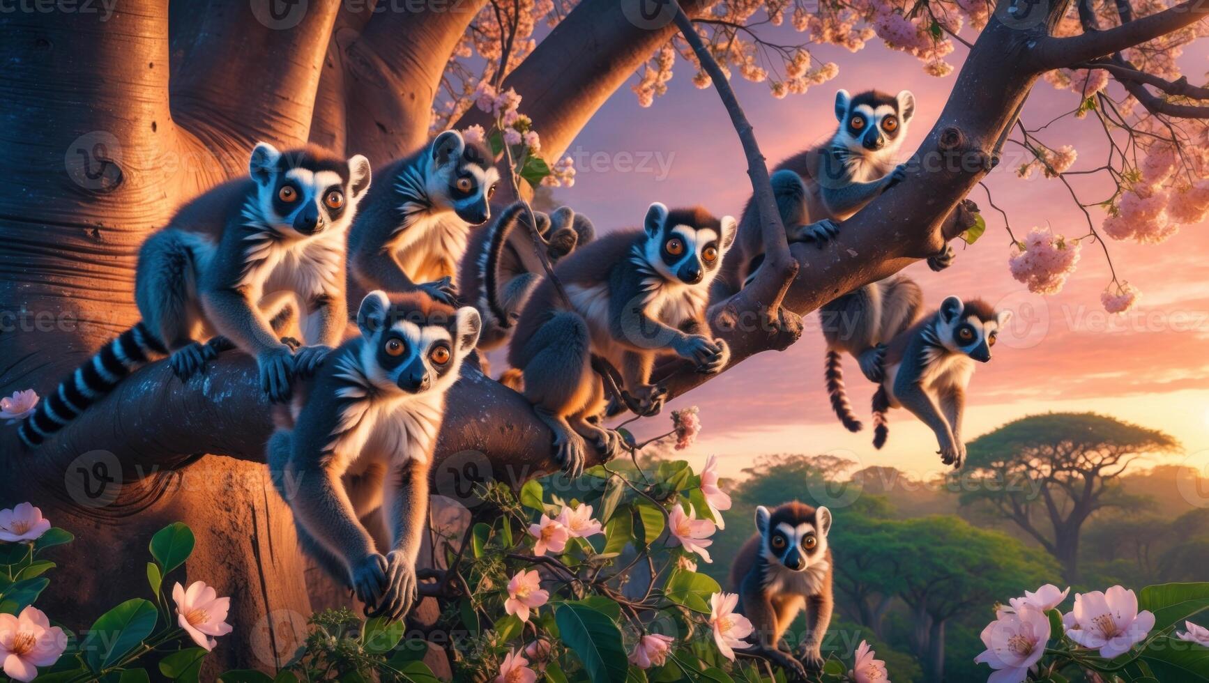 A group of playful lemurs perched on a flowering tree branch at sunset in a tranquil environment photo