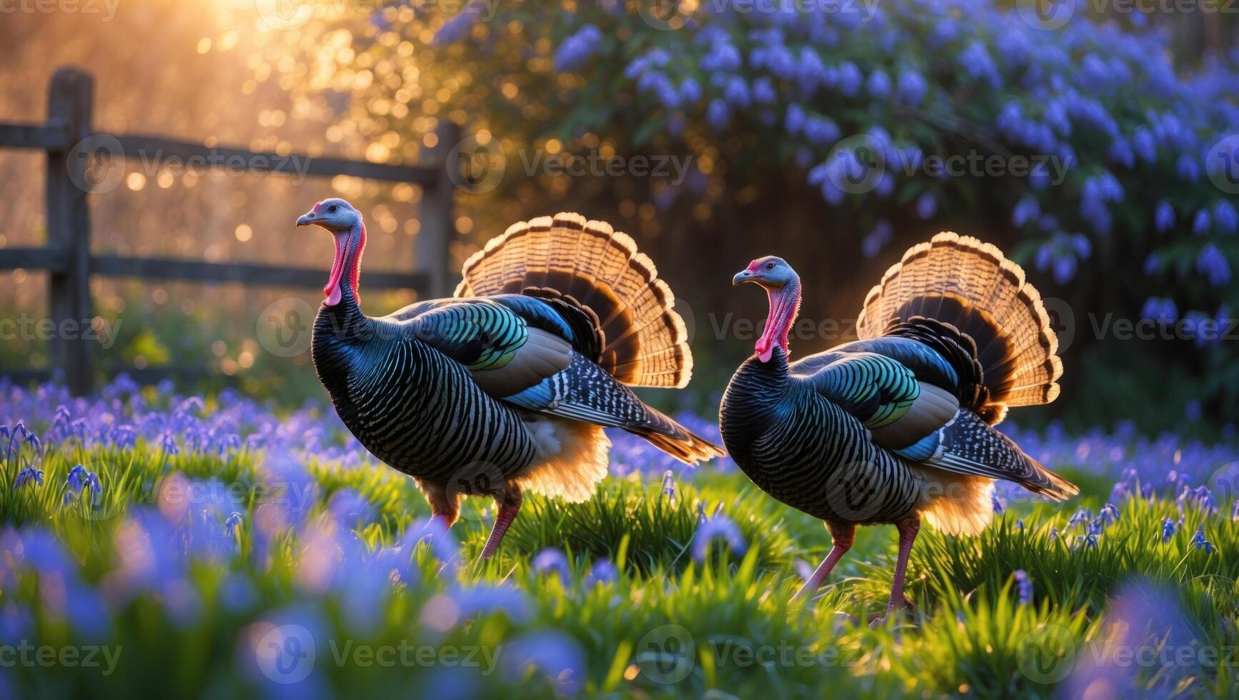 Two wild turkeys displaying in a vibrant meadow filled with blooming flowers during sunset photo