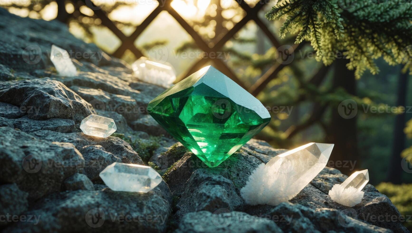 A stunning green gem surrounded by quartz crystals on a rocky surface in a serene forest setting photo