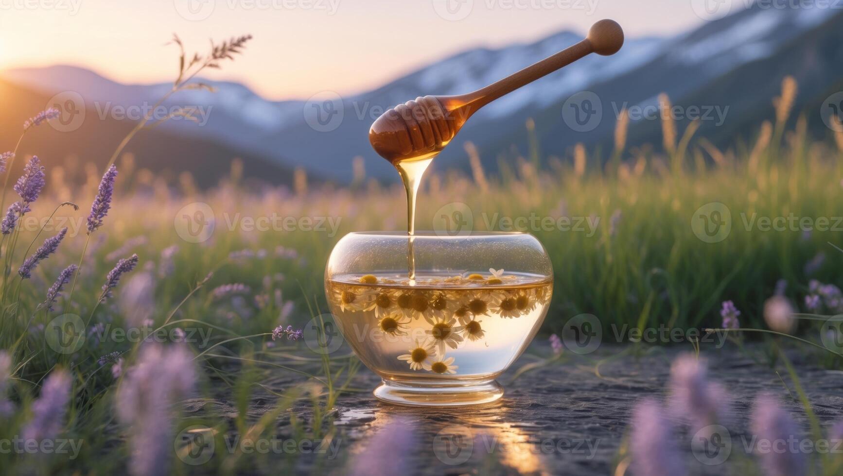 A serene landscape featuring a glass bowl of honey being drizzled with a wooden honey dipper amidst blooming lavender flowers in a sunlit meadow with mountains in the background photo