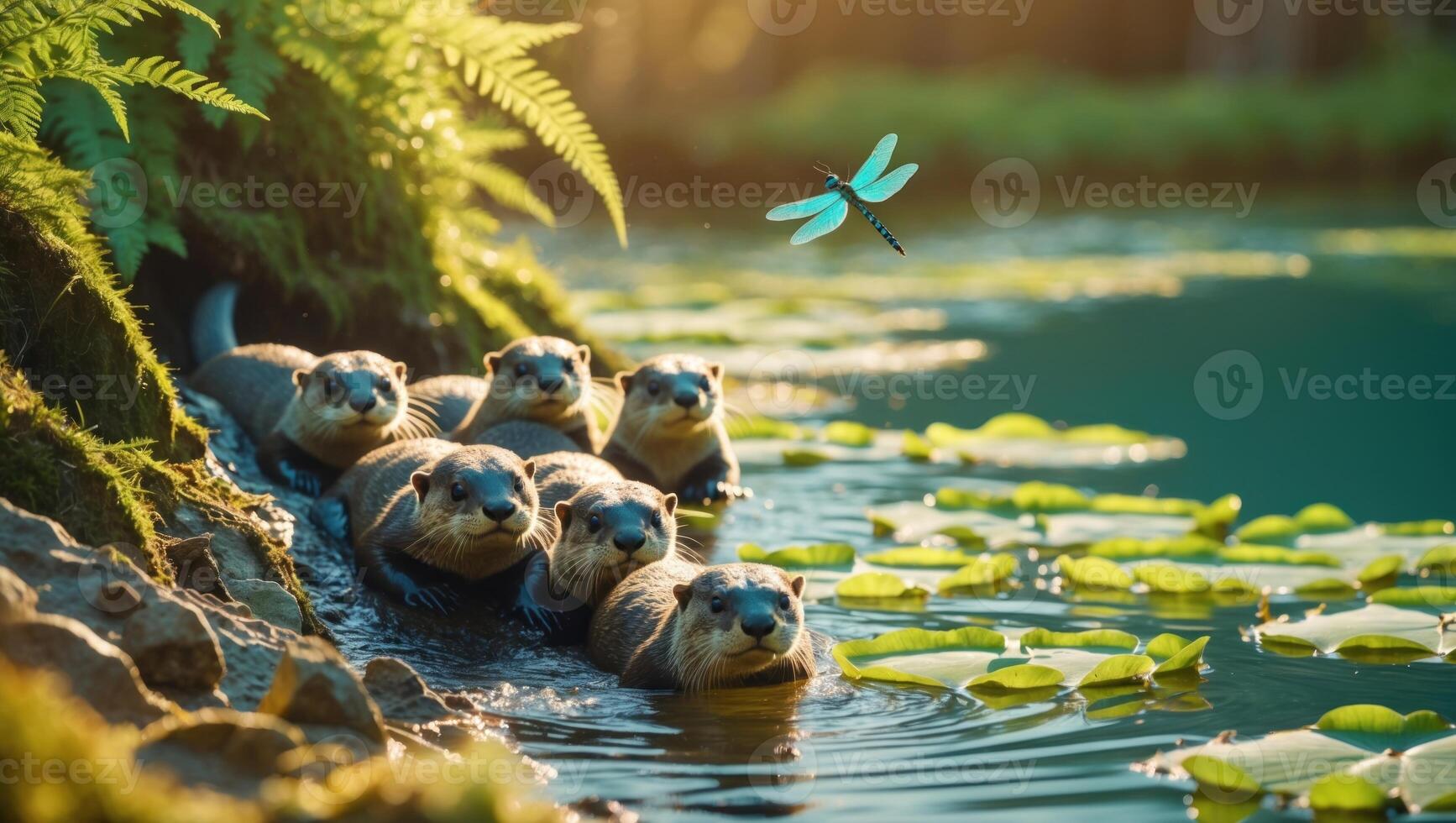 Playful otters swimming in a serene pond surrounded by lily pads and ferns, capturing a dragonfly photo
