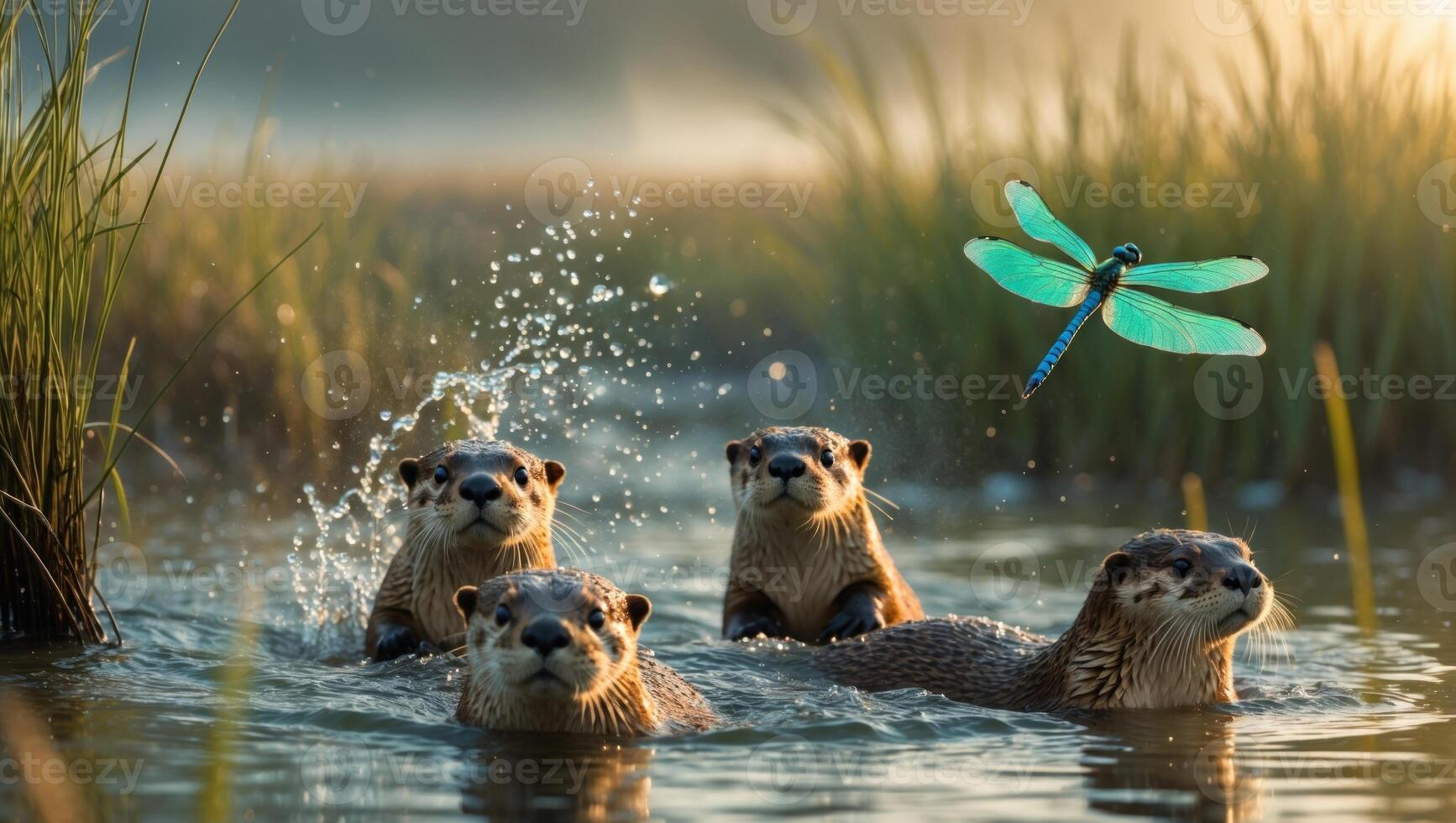 Playful otters swimming in a serene pond at sunrise, with a dragonfly hovering above them photo