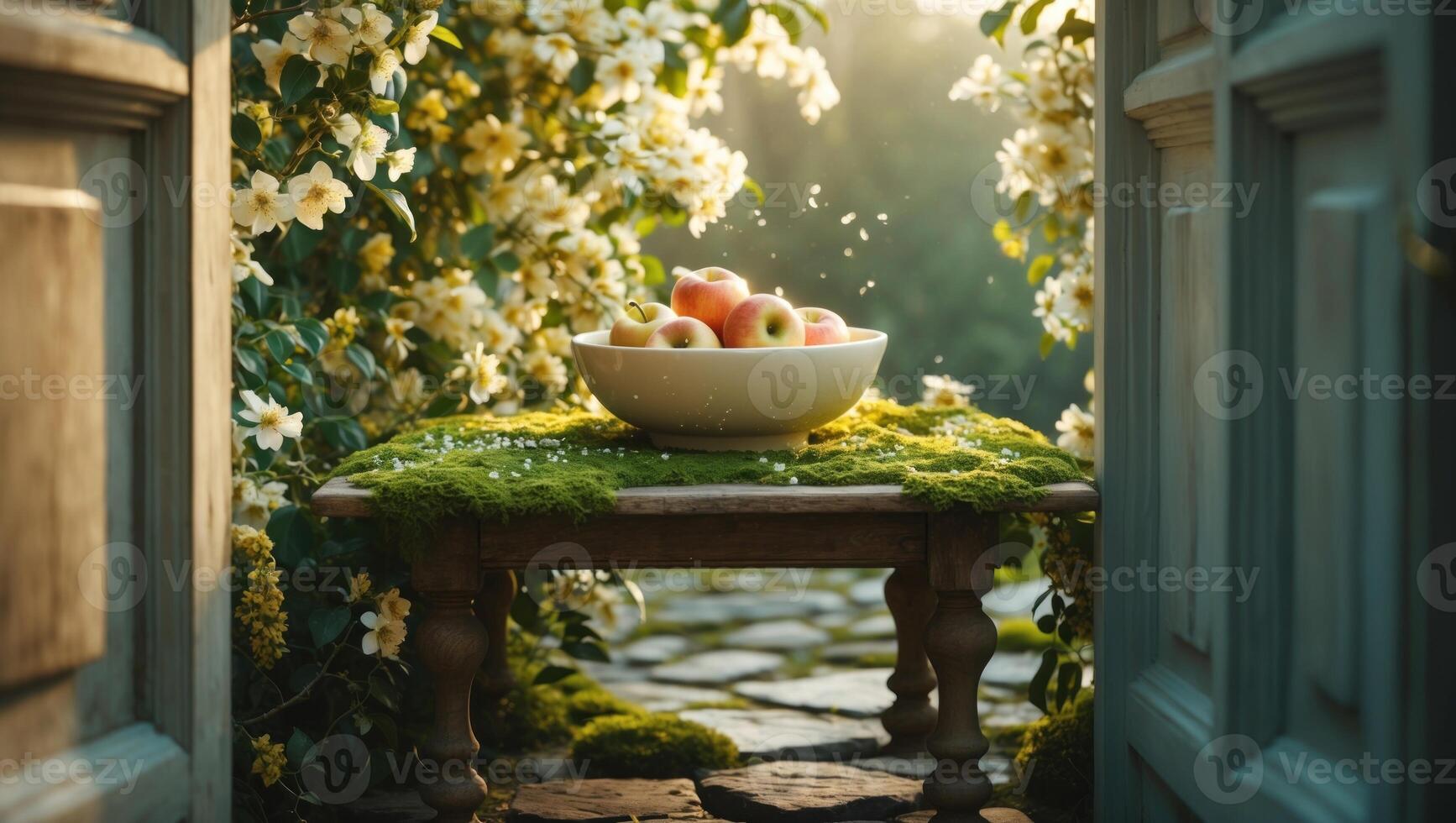 A serene outdoor scene featuring a bowl of apples on a rustic table surrounded by blooming flowers photo