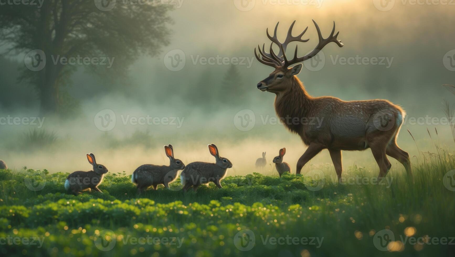 Majestic deer walks through misty meadow surrounded by playful rabbits in serene morning light photo