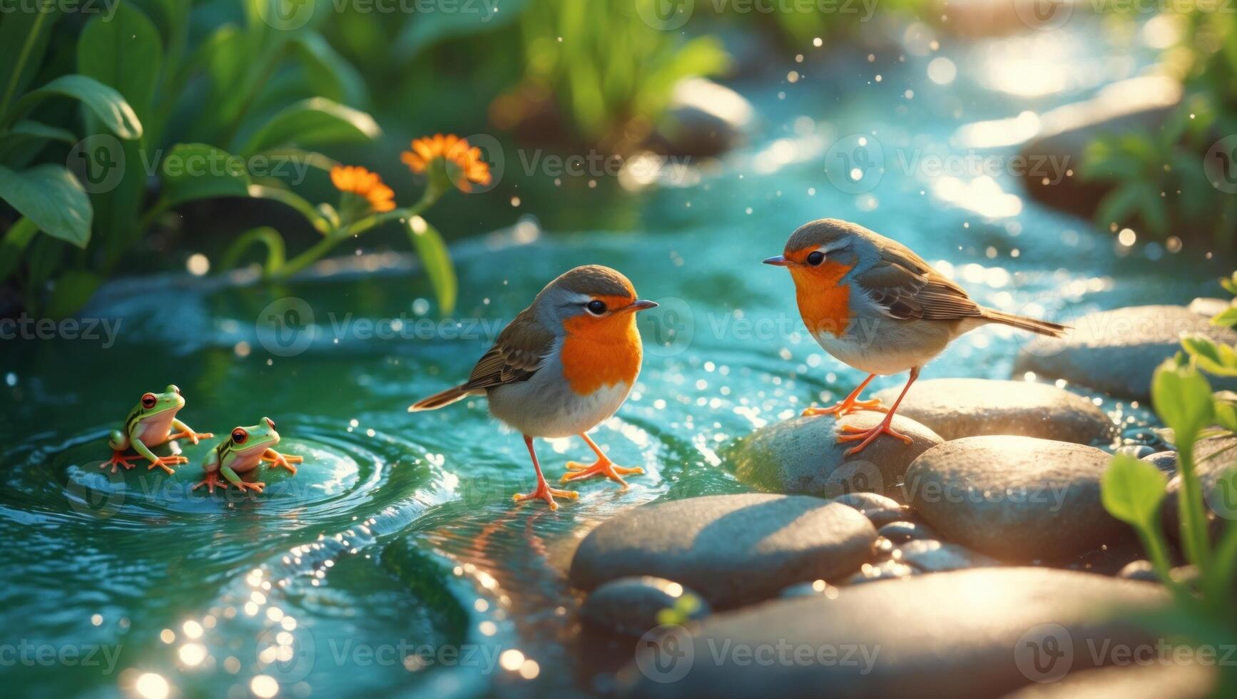 Two vibrant birds interact near a sparkling stream, with frogs splashing in a lush, green setting photo