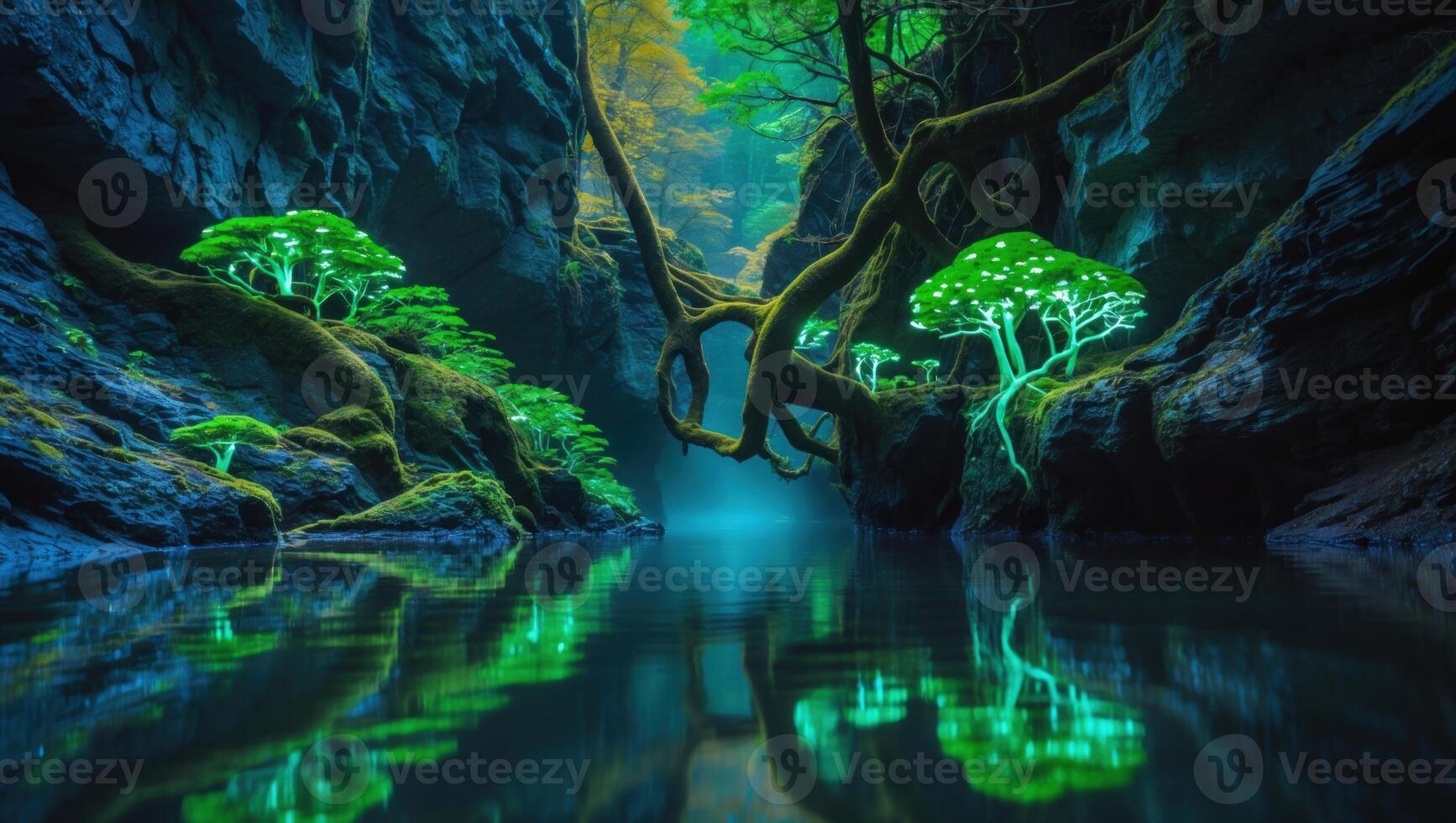 Enchanted forest with glowing mushrooms reflected in tranquil water, surrounded by lush greenery photo