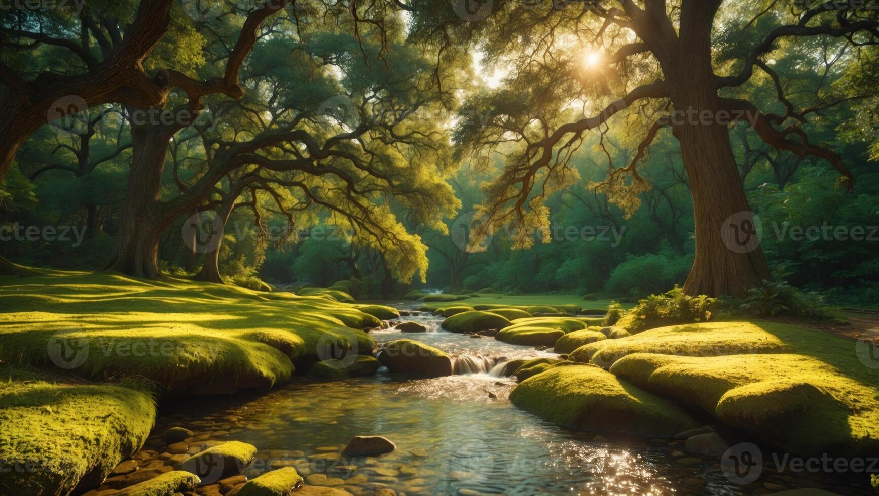 Serene forest landscape with a gentle stream flowing through lush greenery and sunlight filtering through trees photo