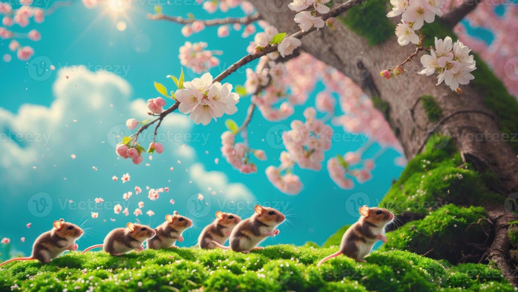A playful scene featuring six adorable mice exploring a vibrant cherry blossom grove under a bright sky photo