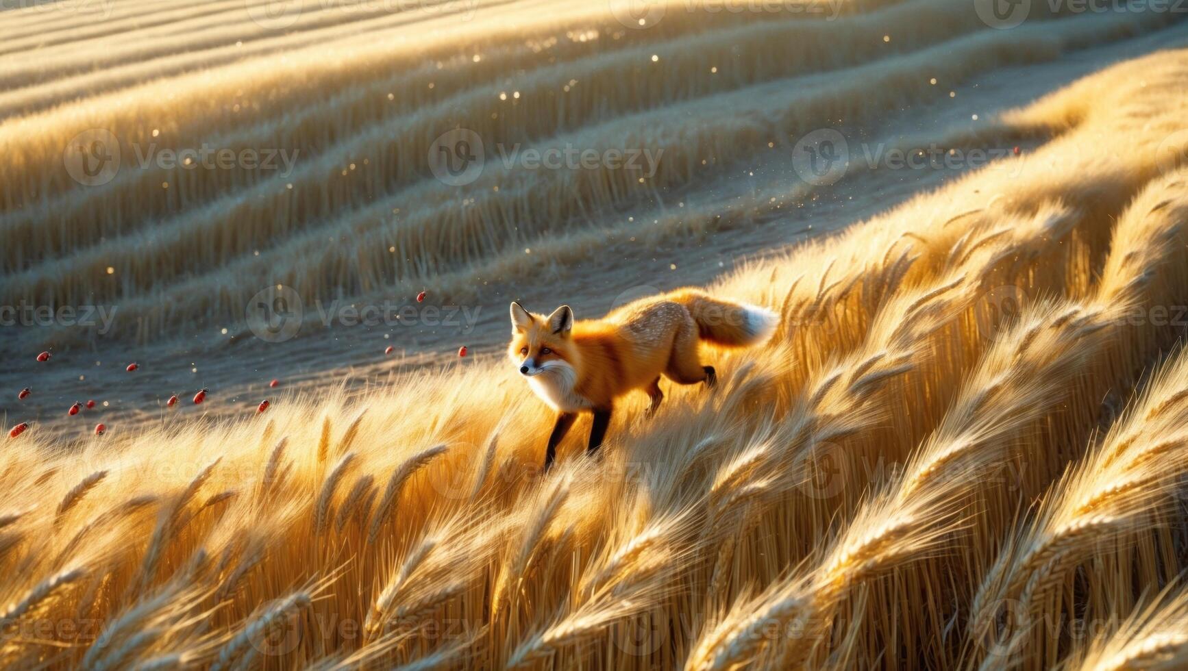 A lively fox running through golden wheat fields under a clear blue sky at sunset photo
