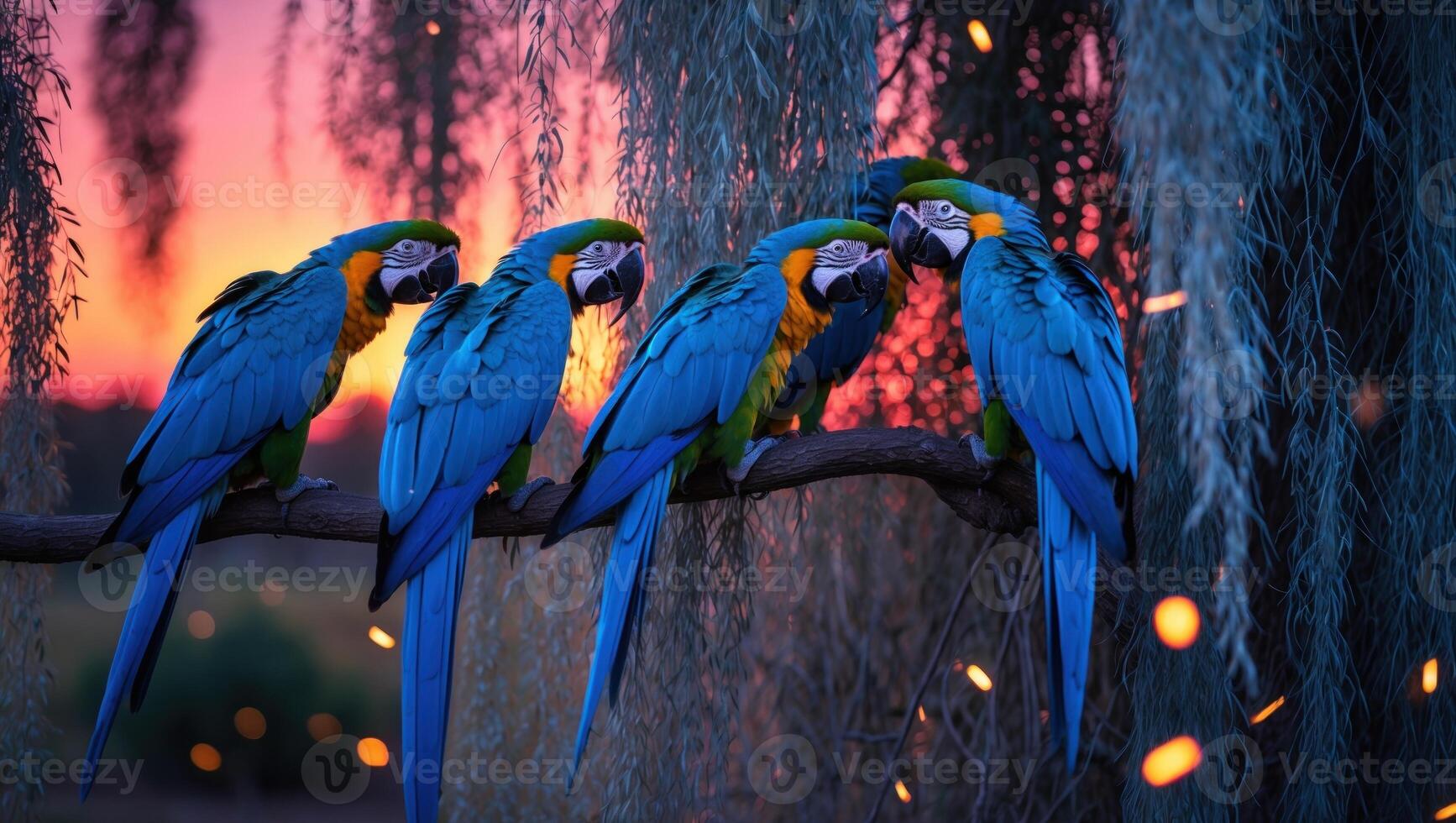 A vibrant group of macaws perched on a branch during a stunning sunset, surrounded by nature's beauty photo