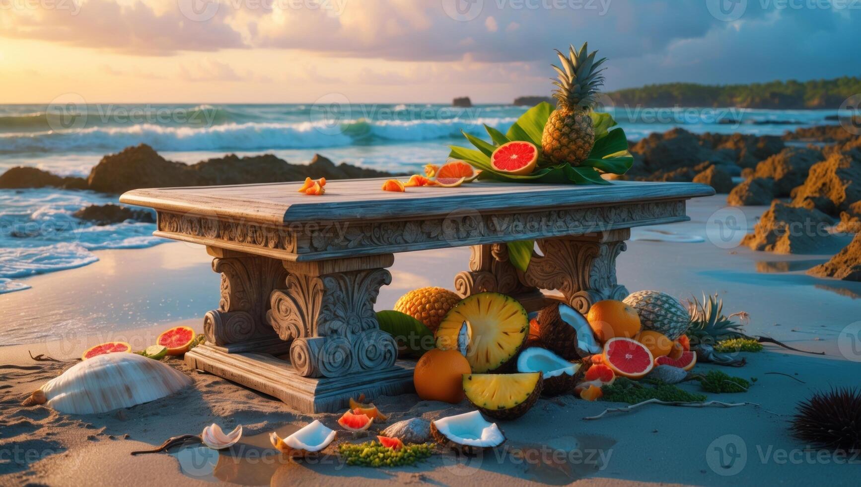 A beautifully arranged stone table adorned with tropical fruits on a serene beach at sunset photo