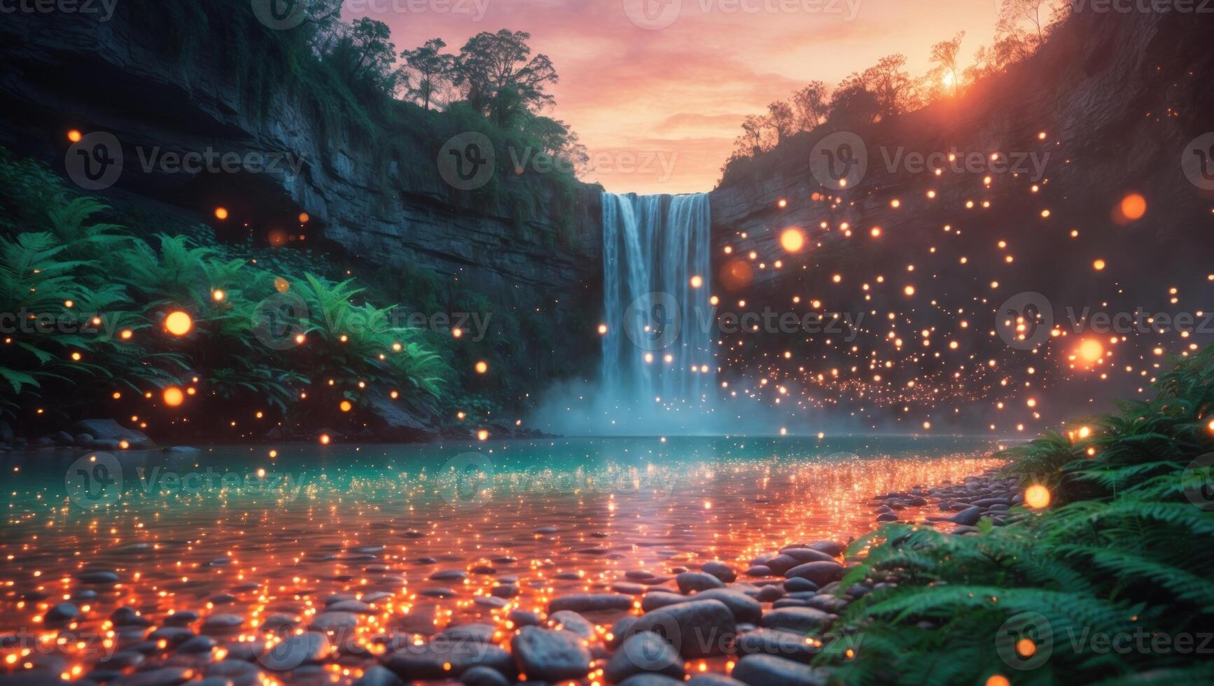 Serene waterfall cascading into a tranquil pool, surrounded by lush greenery and glowing orbs at sunset photo