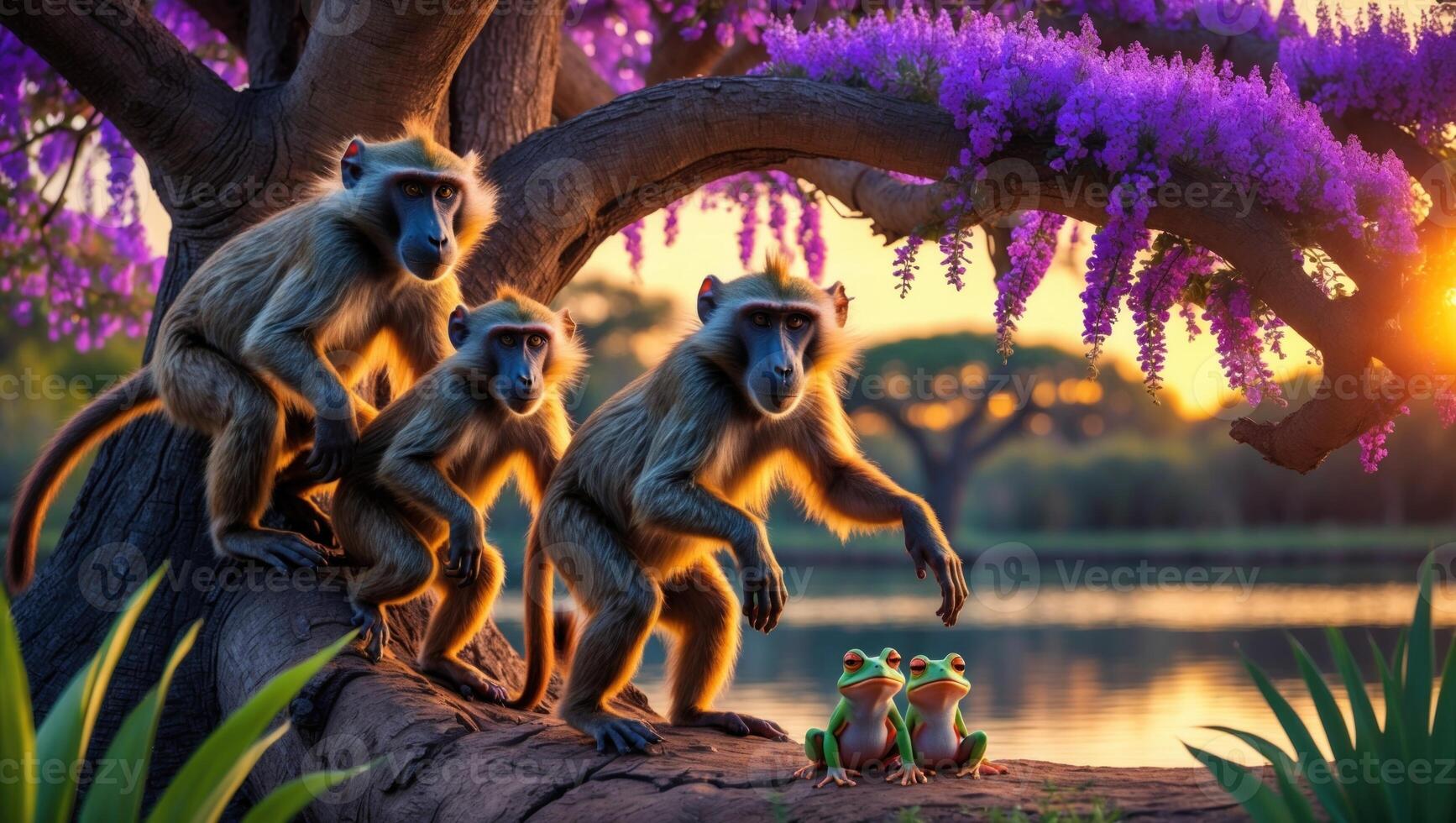 A group of baboons interacting near a serene lake at sunset, surrounded by vibrant flowers and frogs photo