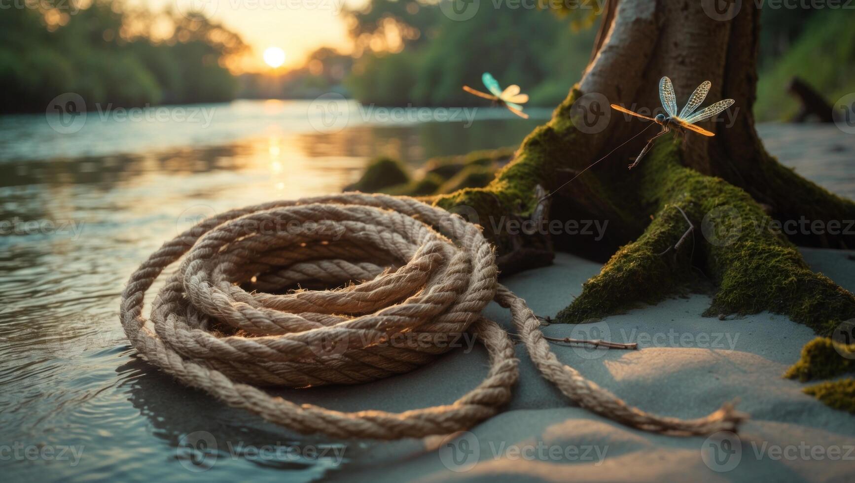 A serene riverside scene featuring a coiled rope near a tree root, with dragonflies hovering at sunset photo