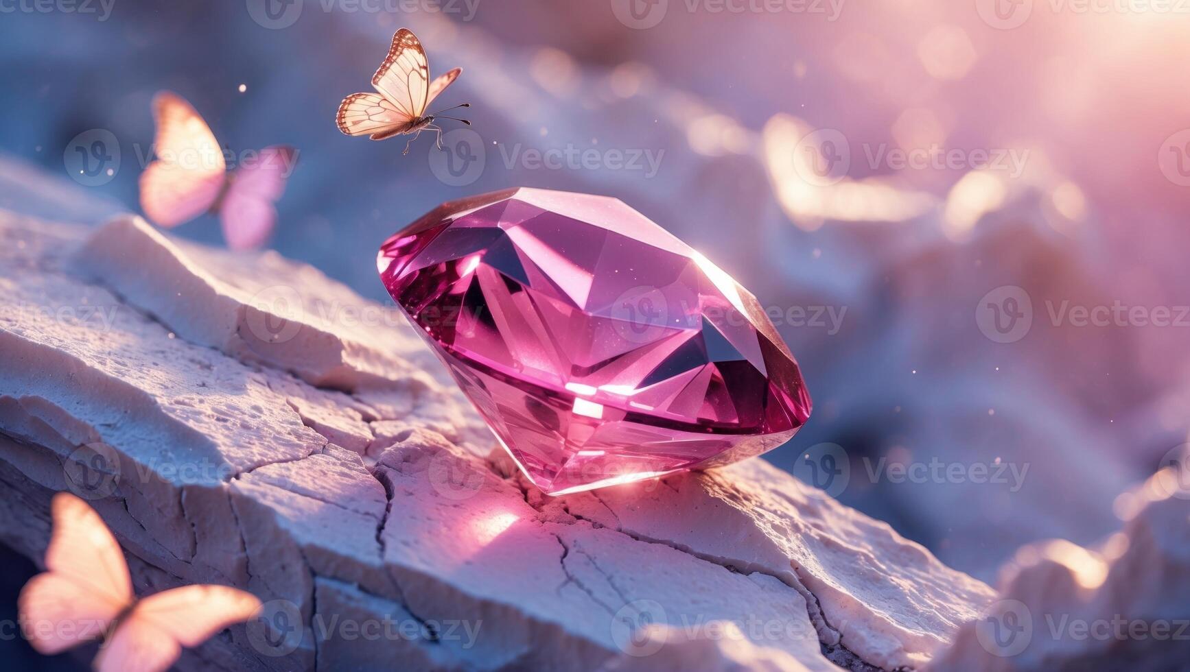A stunning pink diamond resting on a rocky surface, surrounded by delicate butterflies in a serene setting photo