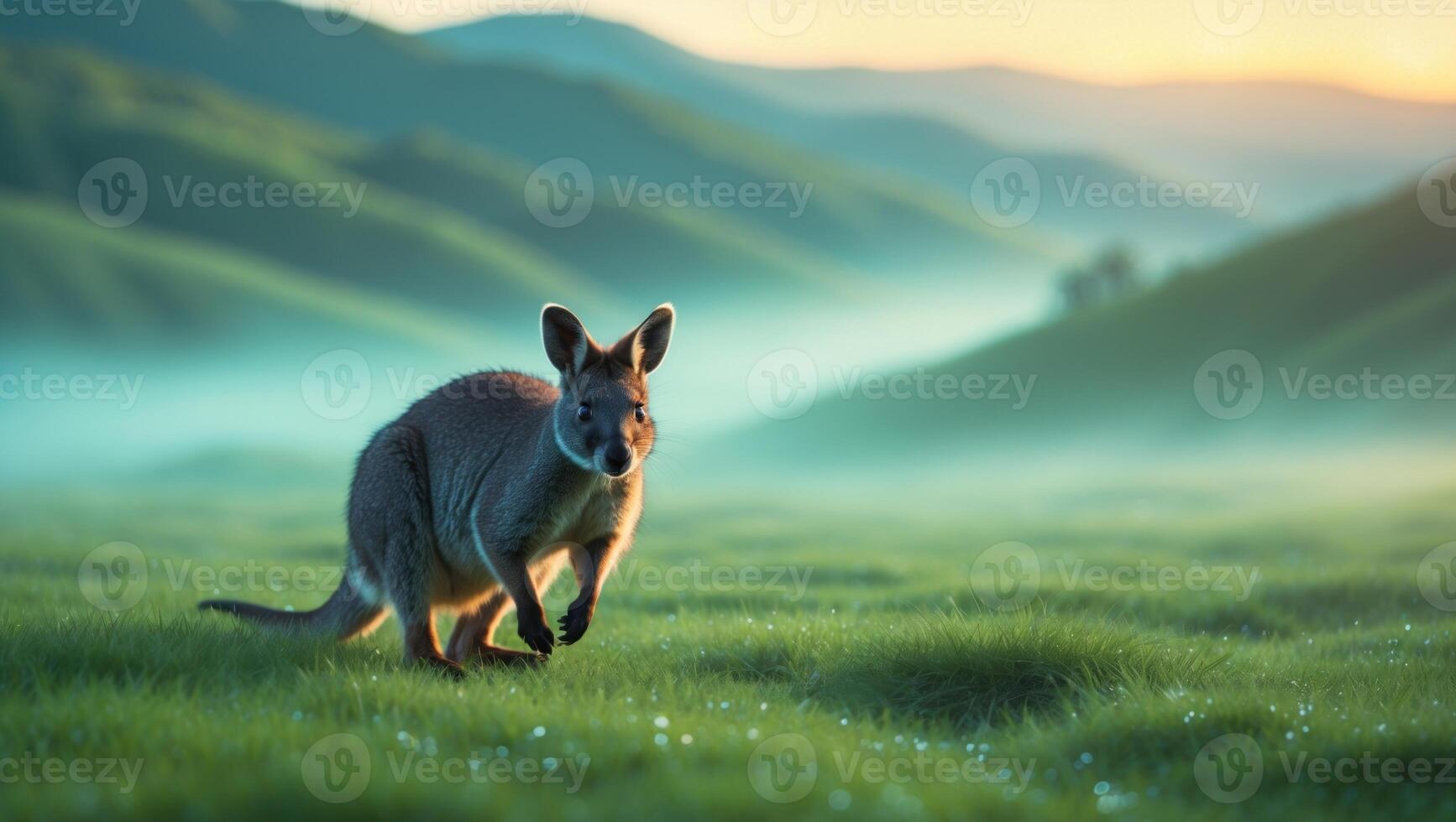 A kangaroo gracefully hops through a misty green meadow at sunrise, surrounded by rolling hills photo